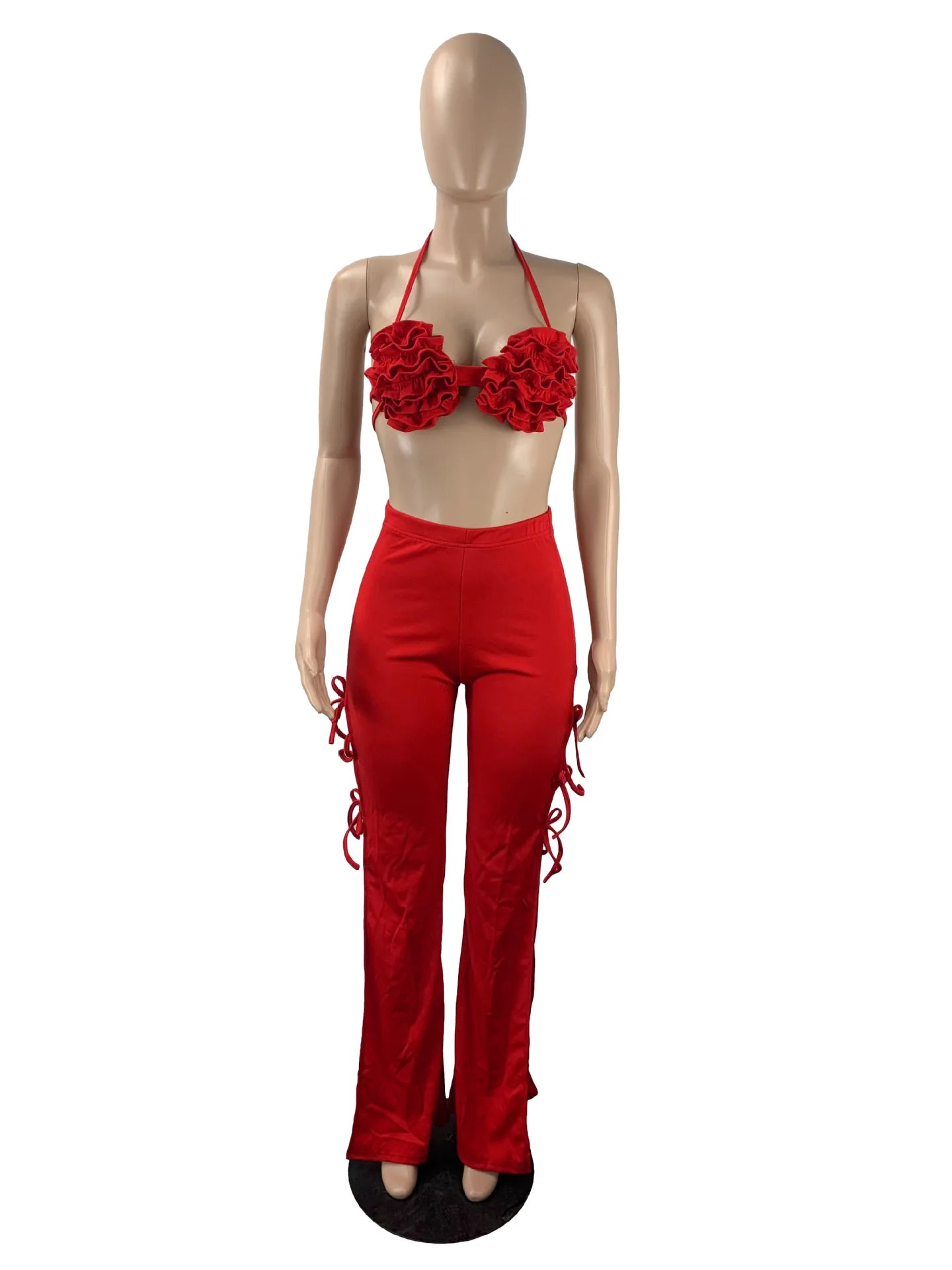 2022 Summer Women 2 Piece Set Floral Bra Tops and High Side Split Lace Up Wide Leg Pants Set Sweatsuit Tracksuit Outfits