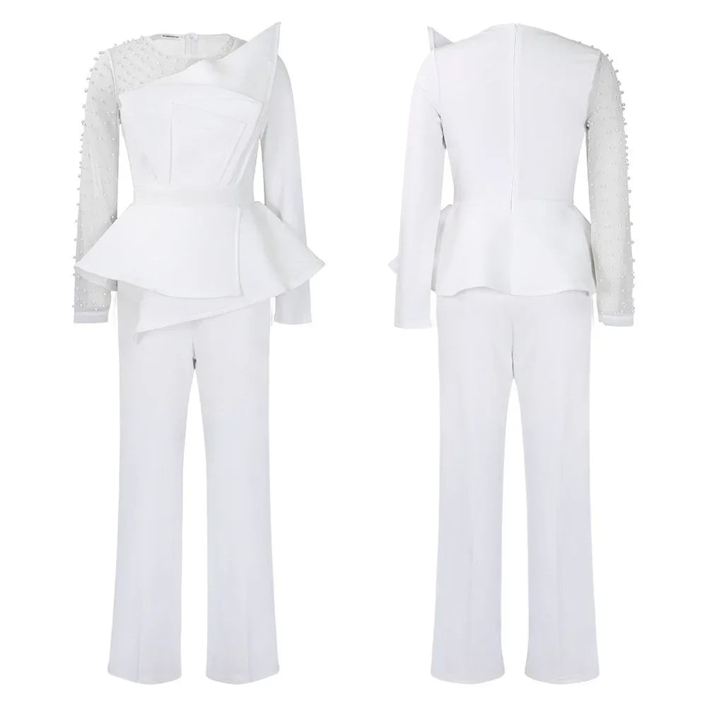 Luxury Jumpsuits & Rompers for Women Round Neck Beaded Transparent Sleeve High Waisted Elegant Female Birthday Party Overalls