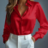Women's Satin Shirts Elegant Plain Long Sleeve Blouse Office Lady Button-Up Shirt Top Female Crew Neck Shirts Blouse 2025 Autumn