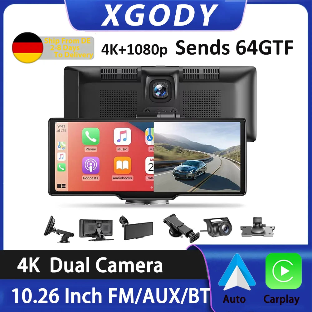 XGODY 10.26" 4K Dash Cam Wireless Carplay Android Auto Car DVR WiFi Navigation Rearview Camera Dashboard Video