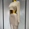 Women Sexy Long Sleeve Mesh Pearl Top Celebrity Midi Women Bandage Set 2025 Designer Evening Party Luxury Birthday Two Piece Set
