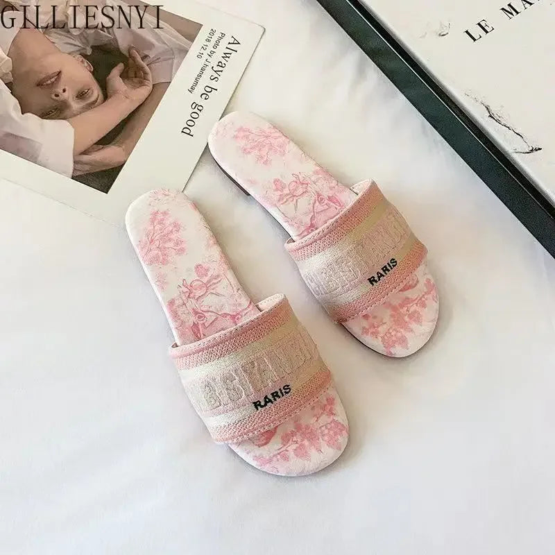 2024 Letter Slippers Fashion Flat Woman Single Shoes Casual Shoes Female Outer Wear Letter Sandals Women's Shoes Flat