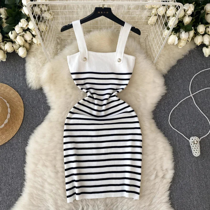 Striple 2024 Sexy Summer Knit Strap Dress Women Tank Elatic Waist Bodycon Sundress Female Beach  Backless Midi Dress
