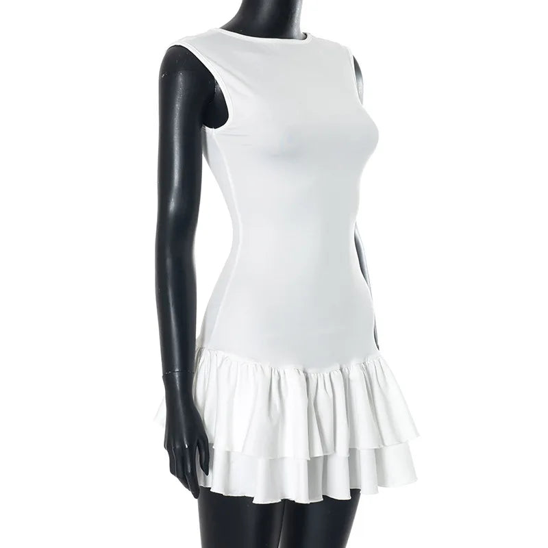 Women's Solid Pleated Short Dress Sleeveless O-neck Fashion Elegant Simple Mini Bodycon Dresses Slim Street Casual Party Holiday