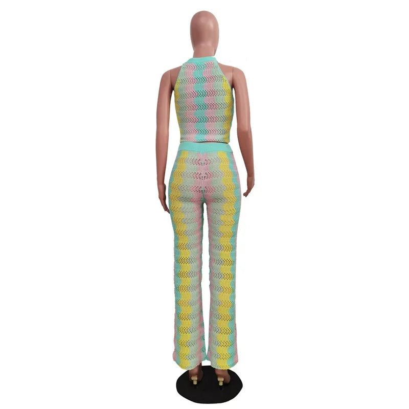Knitted Striped 2 Piece Sets Women Outfit Summer Beach Vacation Sleeveless Crop Top and Flare Pants Matching Sets Club Party