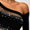 Top Women 2025 Spring New Fashion Rhinestone Bandeau Sheer Mesh Slim Fit Long Sleeve Tee Sexy Skinny Daily T-Shirt Top