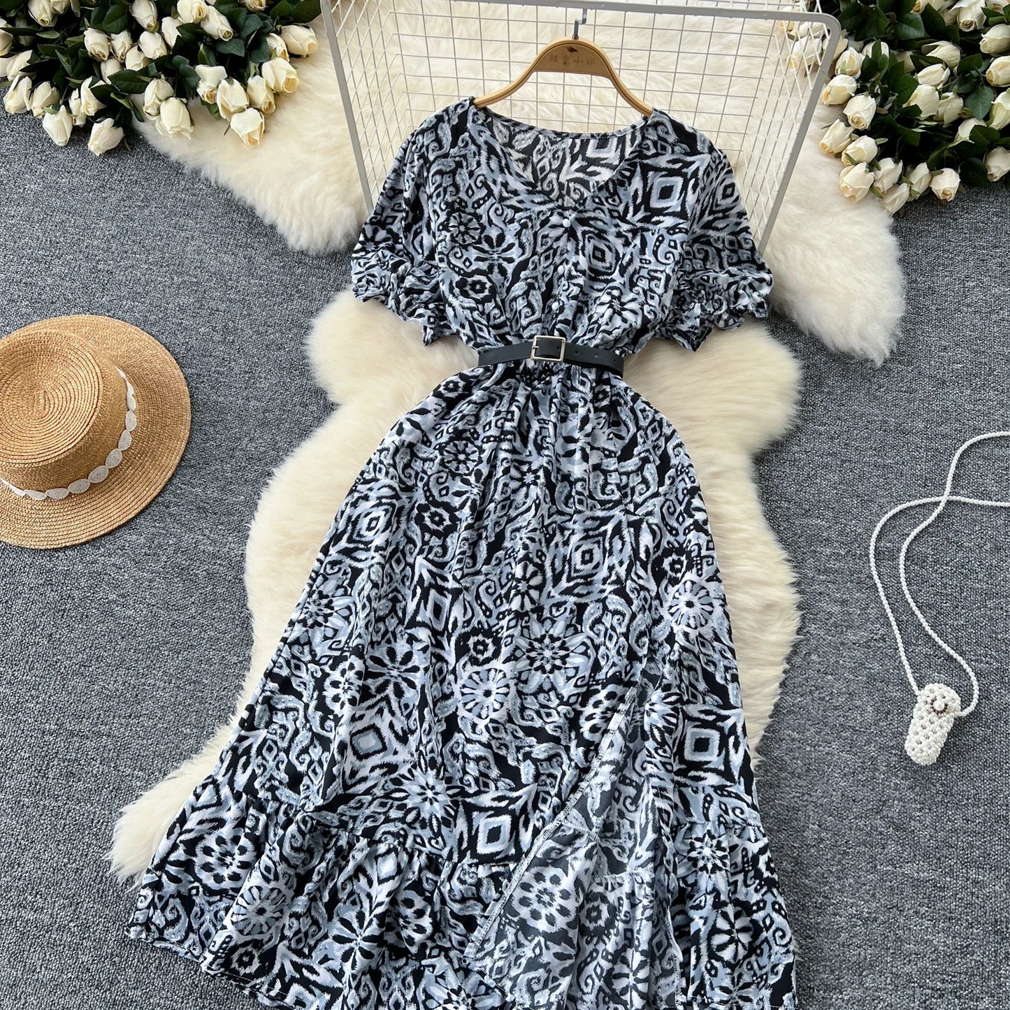 Summer Pleated Women Buttons Dresses Casual Beach Holiday Short Sleeve V Neck Woman Midi Dress Bohemian Mujer Vestidos