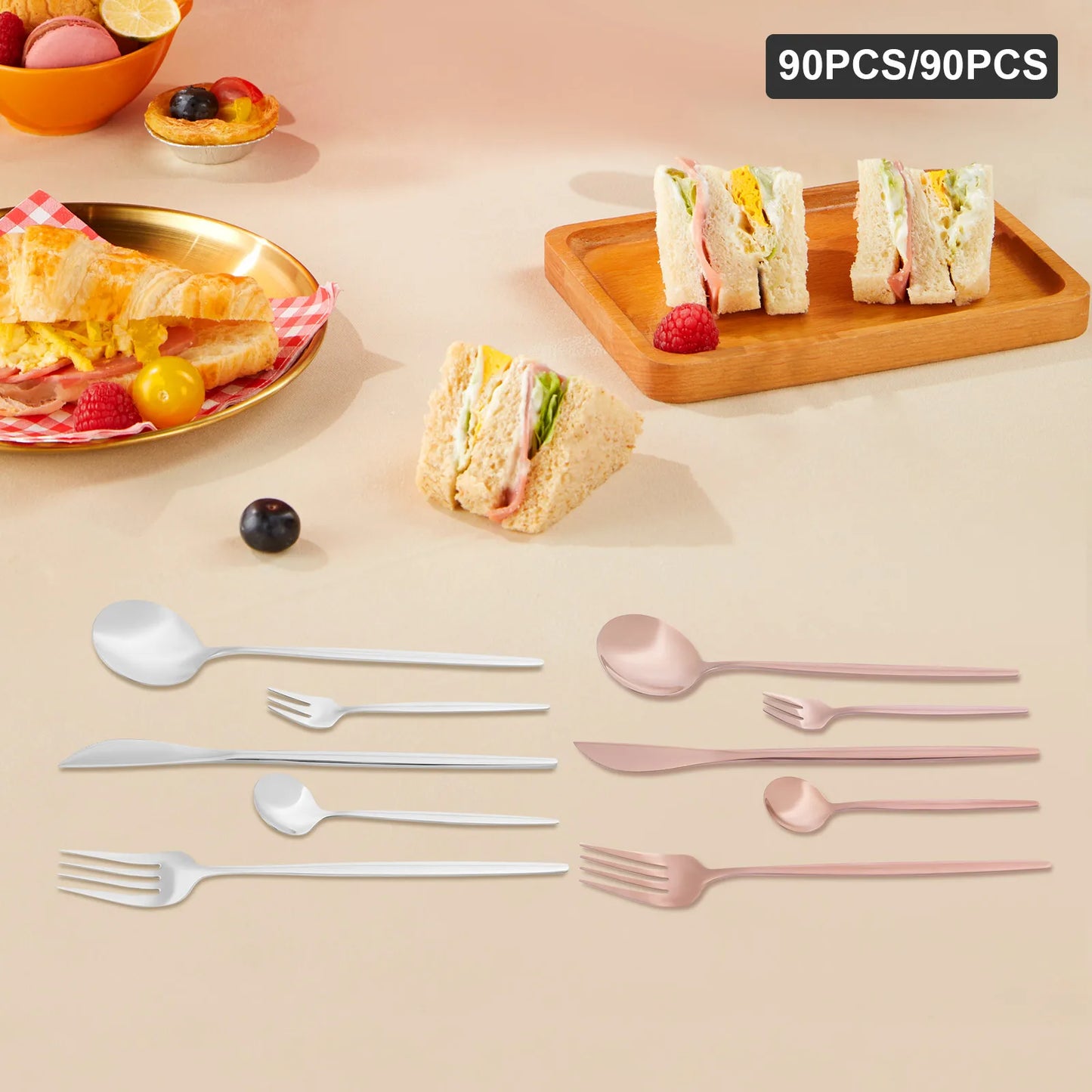 24Pcs/90Pcs Flatware Set Stainless Steel Silverware Utensil Kitchen Tableware Forks Knives Spoons Cutlery for Home Restaurant