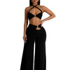 Wishyear Sexy Black Women's Halter Bandage Cross Top amd Wide Leg Pants Two 2 Piece Sets Sexy Night Club Party Evening Outfits