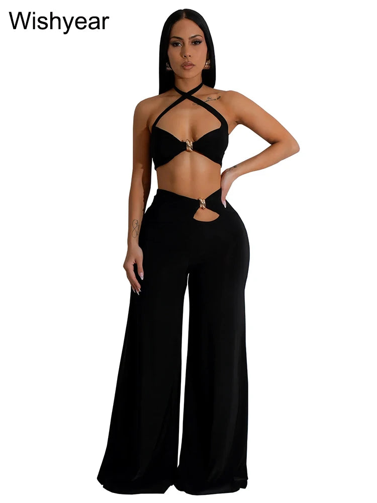 Wishyear Sexy Black Women's Halter Bandage Cross Top amd Wide Leg Pants Two 2 Piece Sets Sexy Night Club Party Evening Outfits