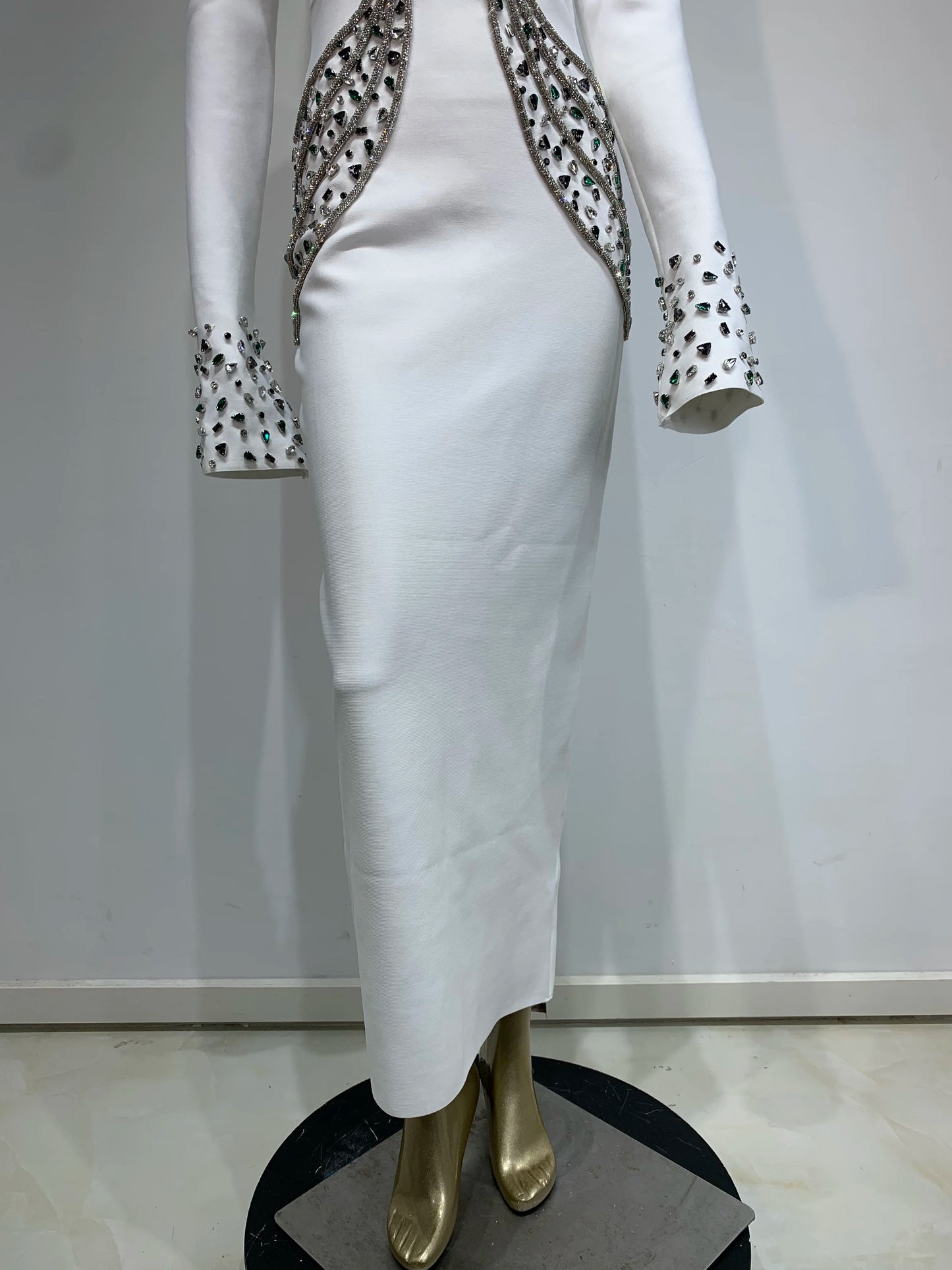 Women Celebrity Sexy Beading Crystal Diamonds Black White Maxi Long Bodycon Bandage Dress 2024 Elegant Evening Club Party Dress