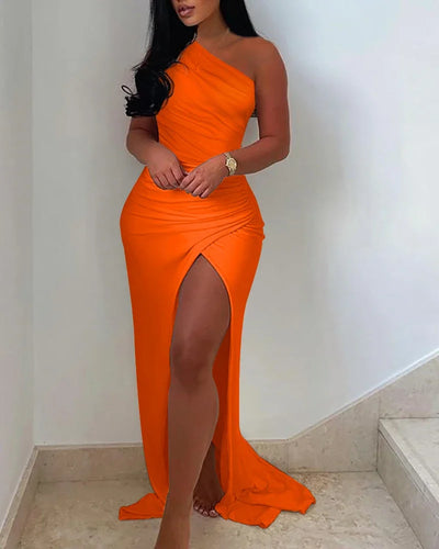 Summer Elegant Solid Dress High Split Thigh Ruched Maxi Floor Dress White Sexy Corset Asymmetric Party Robes Female