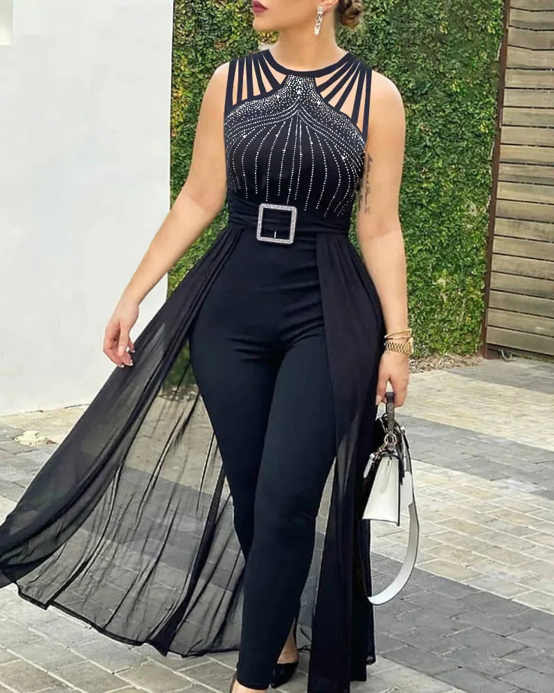 2025 Summer Women's Sexy Round Neck Rhinestone Sheer Mesh Sleeveless Jumpsuit with Belt New Fashion Rompers Womens Jumpsuit