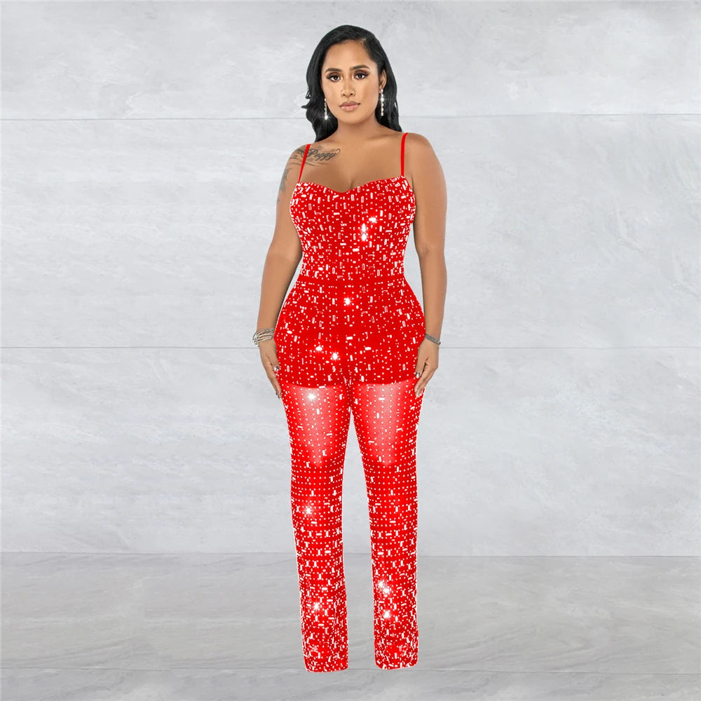 HBLL Women Club Outfits Spaghetti Strap Bodycon Jumpsuits Sparkly Rhinestone Romper Birthday Night Out One Piece Clubwear