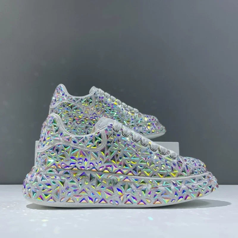 Leather Women Shoes Autumn Spring  New Style Fashion Platform Shoes Ins Platforms Sneakers Tide Shine Bling Rhinestone Shoes