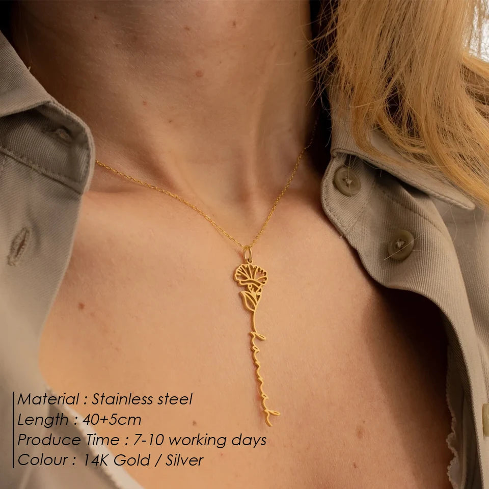 eManco Custom Birth Month Botanical Flower Pendant Stainless Steel Gold Plated Personalized Name Necklace Women's Accessories