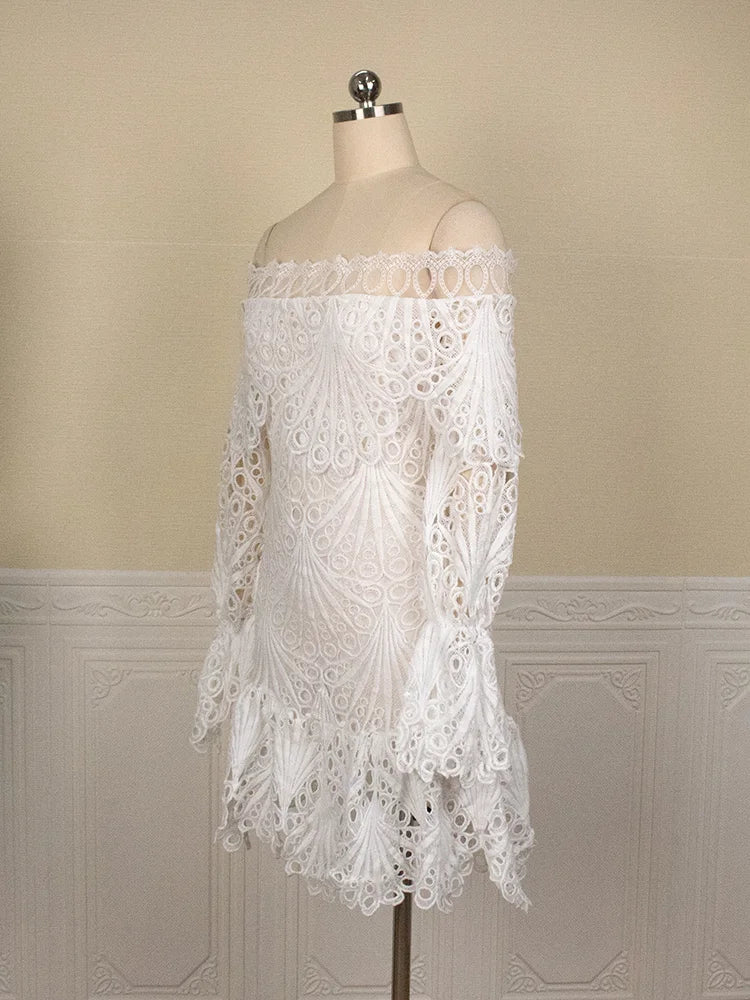 2024 Chic Women Dresses Hollow Out Bare Shoulder Long Sleeve Mini Ruffle Dress White Party Club Birthday Outfits Fall Fashion
