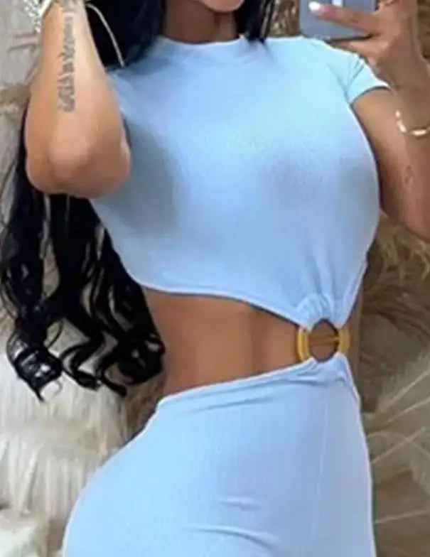 Ladies Jumpsuit Summer Outfit 2023 Sexy O-Ring Decor Cutout Short Sleeve Jumpsuit Sexy Backless Cutout High Waist Jumpsuit