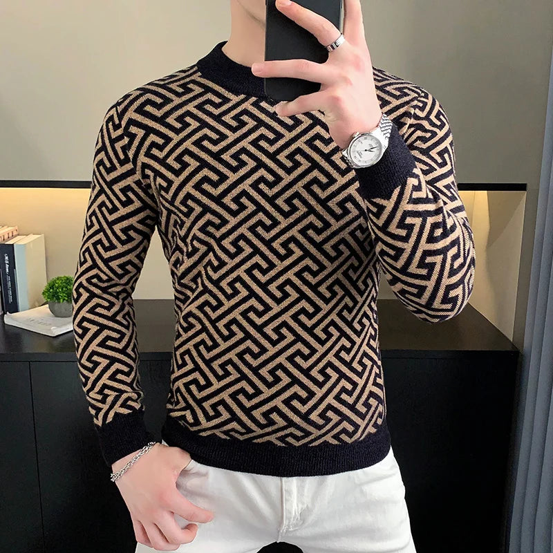Autumn Winter Velvet Knitted Sweater Men's Long Sleeve Round Necked Sweater Slim Fit Casual Business Knitwear Tops Men Clothing