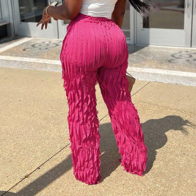 Women Pleated Ruffle Wide Leg Loose Pants Summer Female Mesh Wave Striped Full Trousers FDYFFZC-Y1260