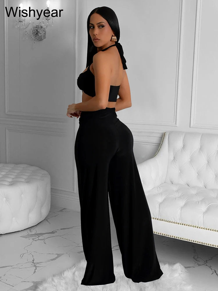 Wishyear Sexy Black Women's Halter Bandage Cross Top amd Wide Leg Pants Two 2 Piece Sets Sexy Night Club Party Evening Outfits