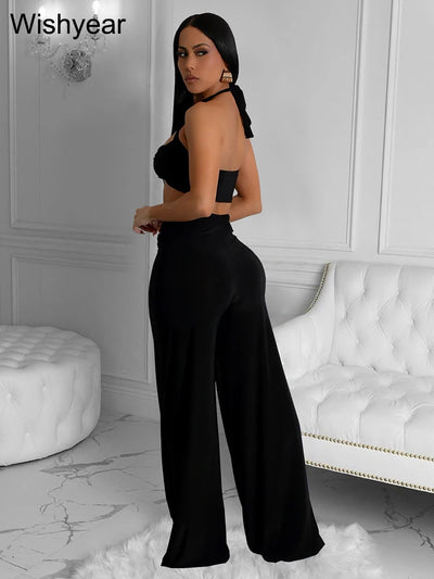 Wishyear Sexy Black Women's Halter Bandage Cross Top amd Wide Leg Pants Two 2 Piece Sets Sexy Night Club Party Evening Outfits
