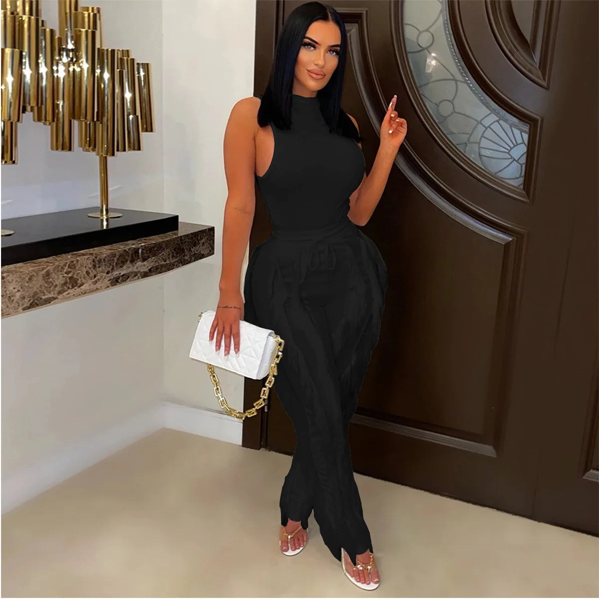 Solid Tank Pants Tassel Two Piece Sets Women Fashion Sleeveless Bodysuits Top Drawstring High Waist Fringed Wide Leg Trousers