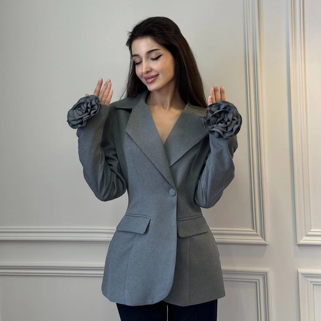 Spring Autumn Women 3D Flowers Long Sleeve Blazer Coat Chic Turn Down Collar Floral Suits Jacket Slim Waist Fit OL Cardigan Tops