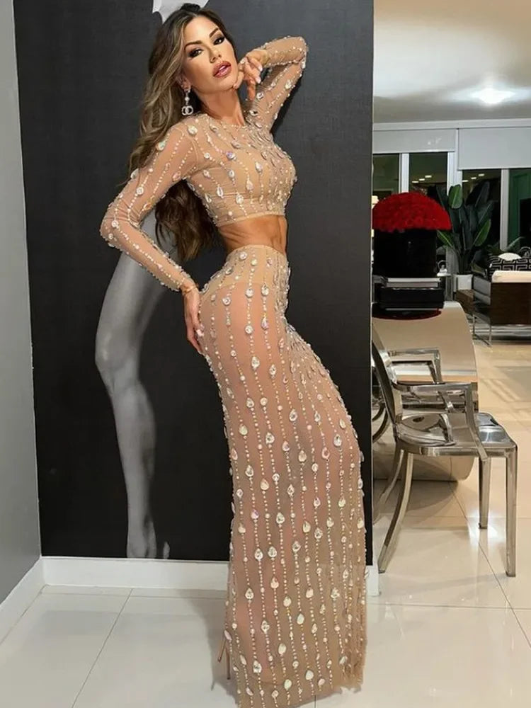 Festival Outfit Women High End Fashion Nude Color Rhinestone Mesh Long Sleeve O Neck Crop Top and Long Skirts Gala Two Piece Set