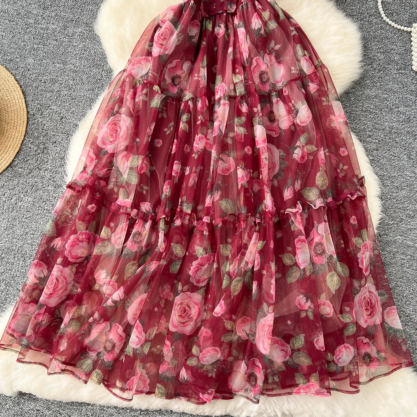 Elegant Slash Neck Vintage Short Puff Sleeve Chic Print Slim Chiffon Dresses French High Street Evening Autumn Mesh Clothing