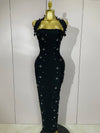 2025 Luxury Shining Diamonds Pearls Sleeveless Bodycon Bandage Long Dress Women Celebrate Evening Party Elegant Birthday Gowns