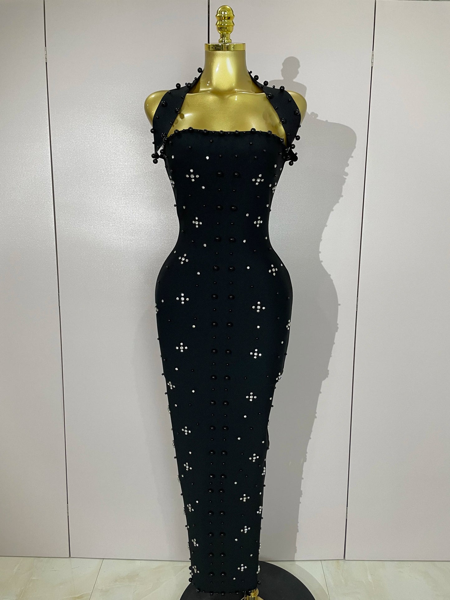 2025 Luxury Shining Diamonds Pearls Sleeveless Bodycon Bandage Long Dress Women Celebrate Evening Party Elegant Birthday Gowns