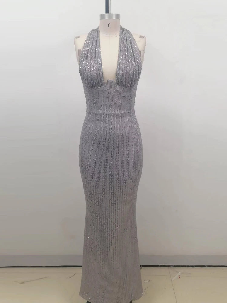 Sexy Halter Deep V Neck Sequins Maxi Dress Women Green Sleeveless Backless Sequined Slim Long Dresses Celebrity Party Gowns