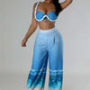 Sexy Nightclub Outfits for Women 2 Piece Set Birthday Vacation Bra Crop Top and Print Wide Leg Pants Matching Sets Beach Wear