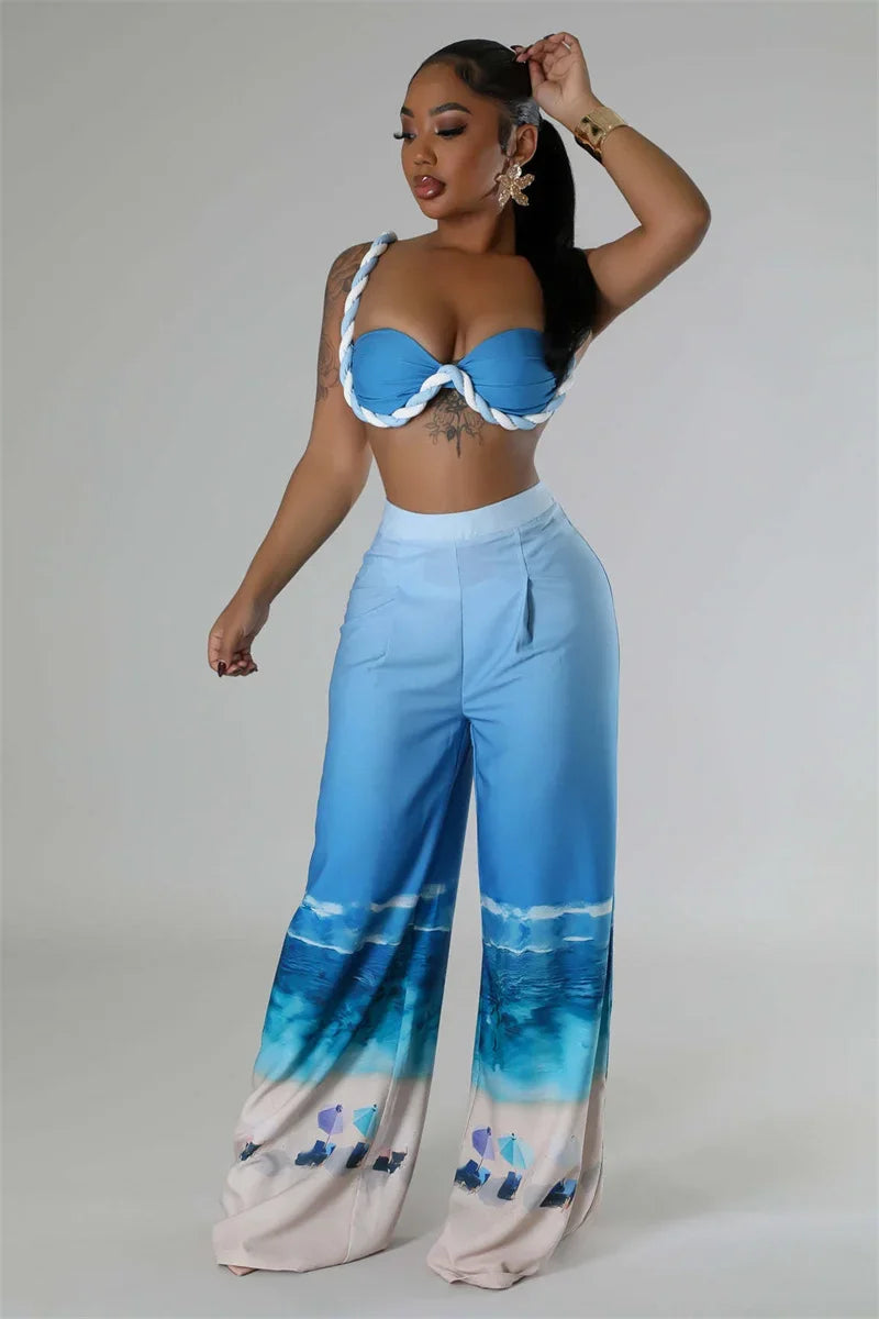 Sexy Nightclub Outfits for Women 2 Piece Set Birthday Vacation Bra Crop Top and Print Wide Leg Pants Matching Sets Beach Wear