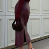 Trendix Women Elegant Burgundy Skirt High Waist Slim Fashion Slit Long Skirts Female Party Slim Club Sexy Vintage PU Skirts 2024