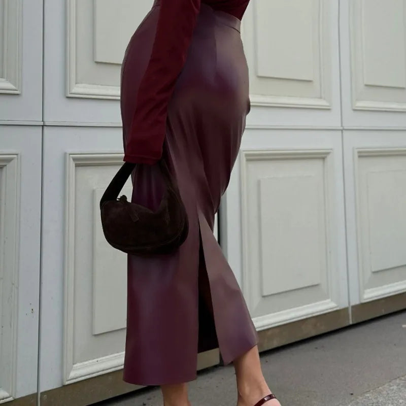 Trendix Women Elegant Burgundy Skirt High Waist Slim Fashion Slit Long Skirts Female Party Slim Club Sexy Vintage PU Skirts 2024