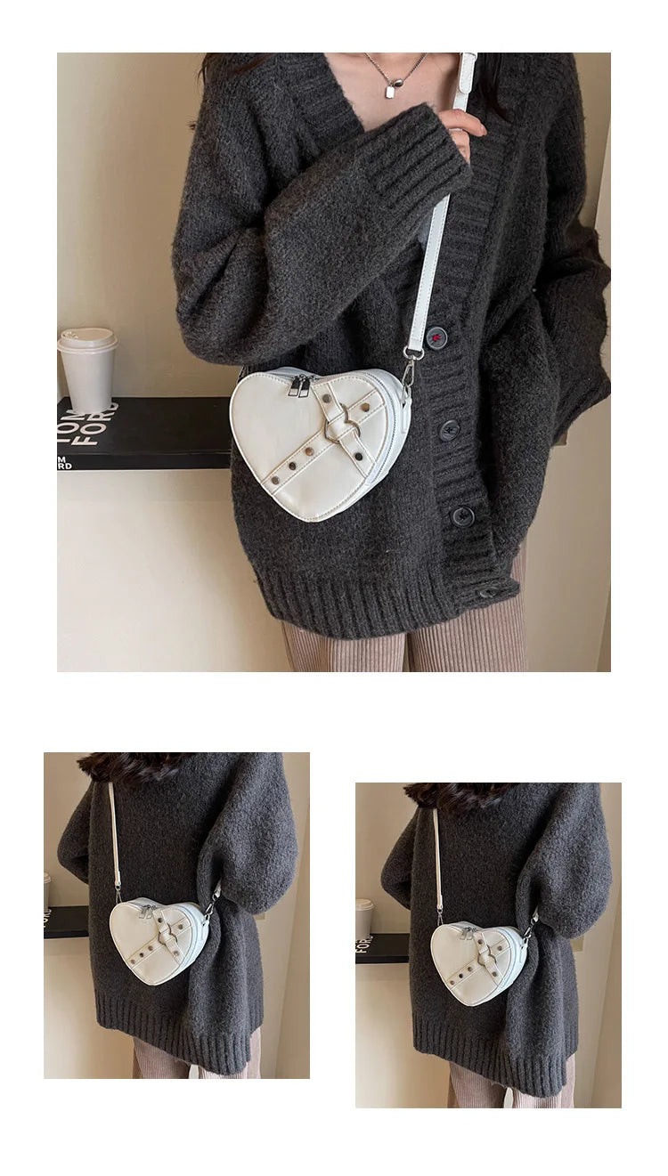 Vintage Y2K Small Chain Rivet Shoulder Bag Heart Shaped Purse Handbag Red PU Leather Gothic Tote Bag Fashion Women Crossbody Bag