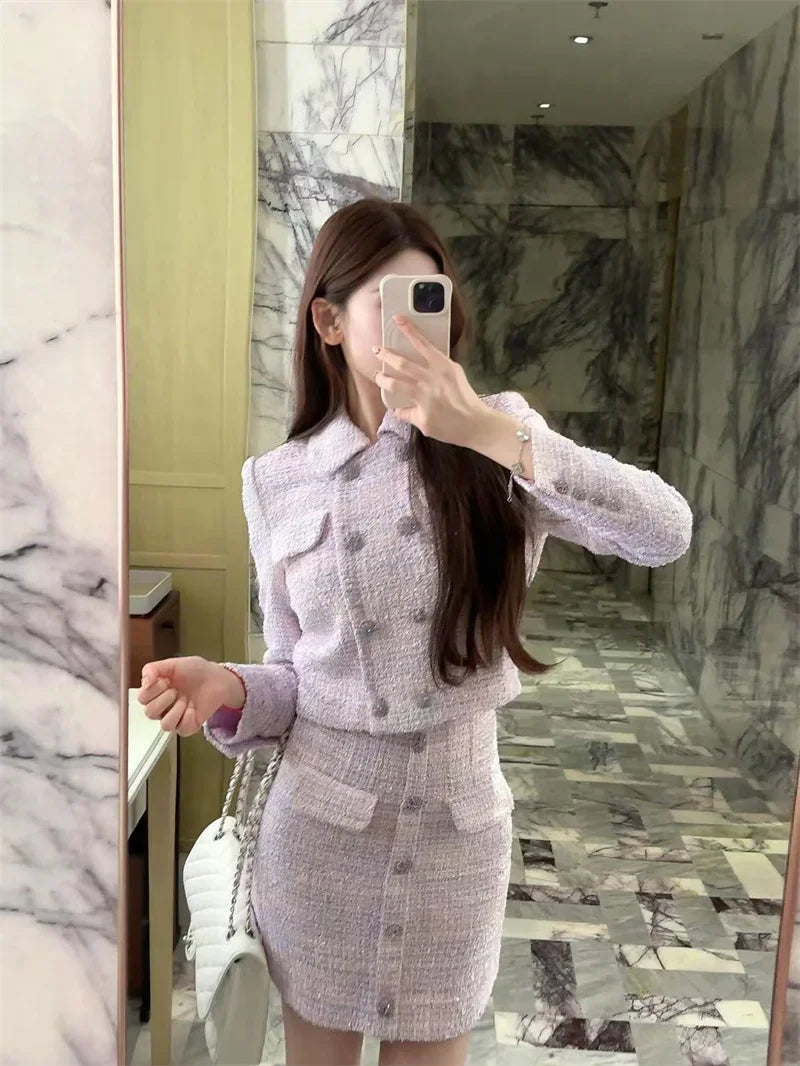 New Luxury High End Tweed Women's Two Pieces Set Elegant Lapel Double Breasted Slim Short Coat + Mini Skirt Fashion Suit