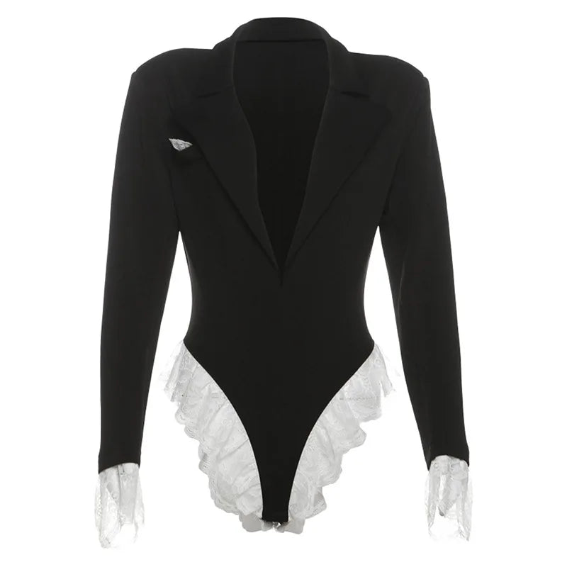 Joskaa Women Lace Patchwork Black Blazer Bodysuits Sexy Deep V-Neck Long Sleeve One Piece Rompers Coquette Midnight Clubwear
