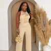 HLJ Elegant Beaded Patchwork Bodycon Jumpsuits Woman Sleeveless Backless Flare Pants One Piece Romper Female Streetwear Overalls