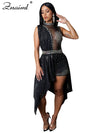 Znaiml Sexy Nightclub One Piece Outfit Romper Playsuit Women Birthday Diamonds Rhinestones Mesh Streamer Side Irregular Jumpsuit