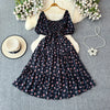2024 New Summer Flower Print Long Dress Women Vintage Square Neck Ruched Chest Sash Bandage Sundress Party Vestidos