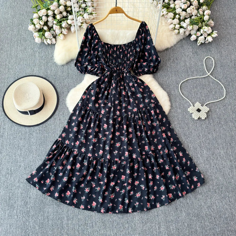 2024 New Summer Flower Print Long Dress Women Vintage Square Neck Ruched Chest Sash Bandage Sundress Party Vestidos