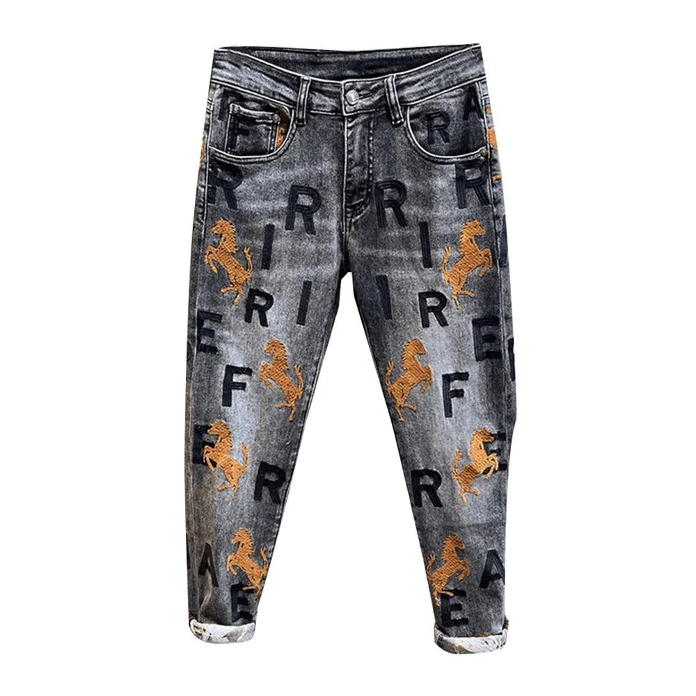 Mens Jeans Embroidered Leg Slimming Trousers Casual Streetwear Versatile Personalized Pencil Pants Men'S Wear 2024 Spring New