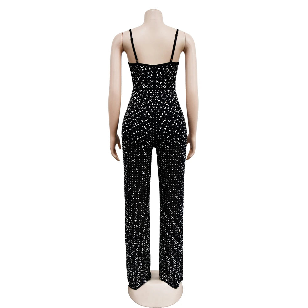 HBLL Women Club Outfits Spaghetti Strap Bodycon Jumpsuits Sparkly Rhinestone Romper Birthday Night Out One Piece Clubwear