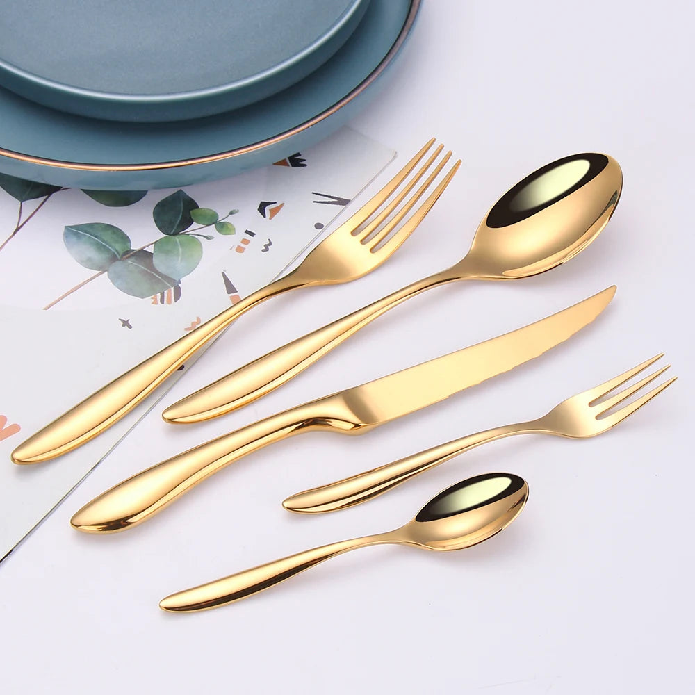 6/16/20/24Pcs Gold Tableware Stainless Steel 304 Cutlery Set Western Dinner Set Mirror Knife Fork Spoon Smooth Handle Flatware