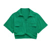 Women Fashion Front Knot Elastic Linen Cropped Shirts Vintage Short Sleeve Patch Pockets Female Blouses Blusa Chic Tops