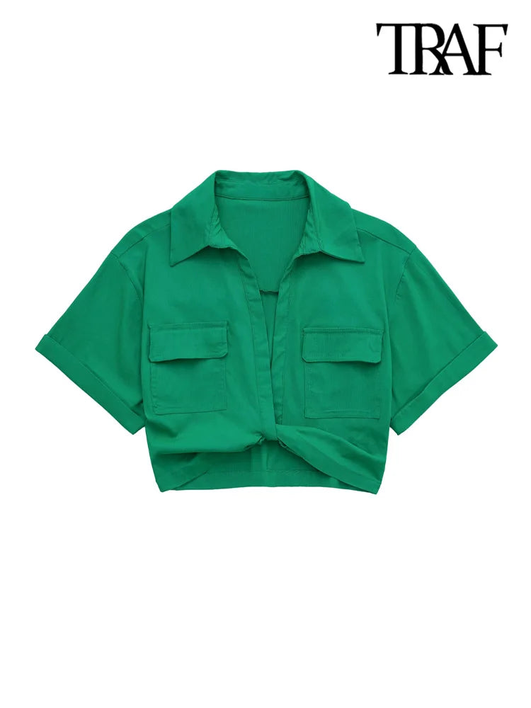 Women Fashion Front Knot Elastic Linen Cropped Shirts Vintage Short Sleeve Patch Pockets Female Blouses Blusa Chic Tops