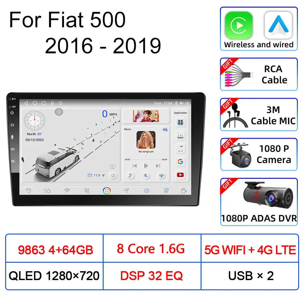 For Fiat 500 2016 2017 2018 2019 Car Multimedia Carplay Android Auto GPS stereo Radio Video Palyer 10 Inch Head Unit